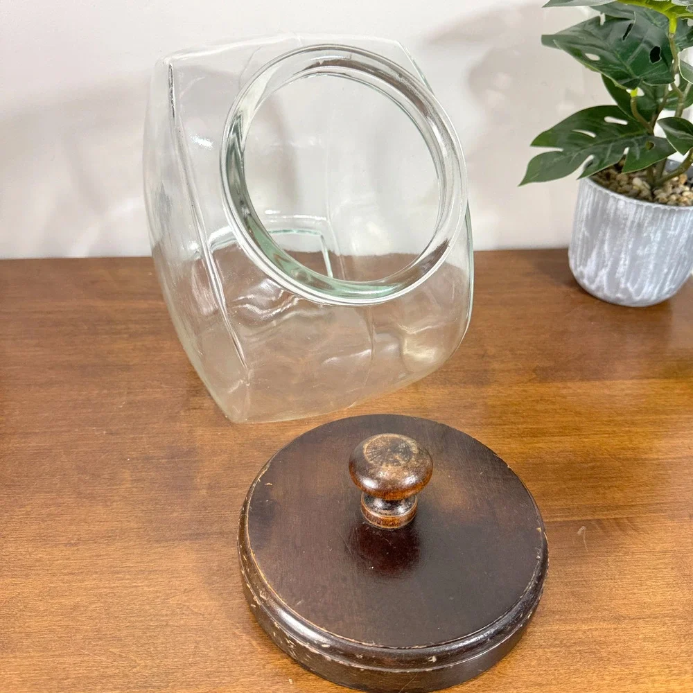 Vintage Glass Canister with Wood Lid Large 7.5